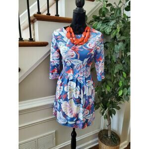 Aryeh Women's Floral Blue Nylon Round Neck Long Sleeve Knee Length‎ Dress Size S